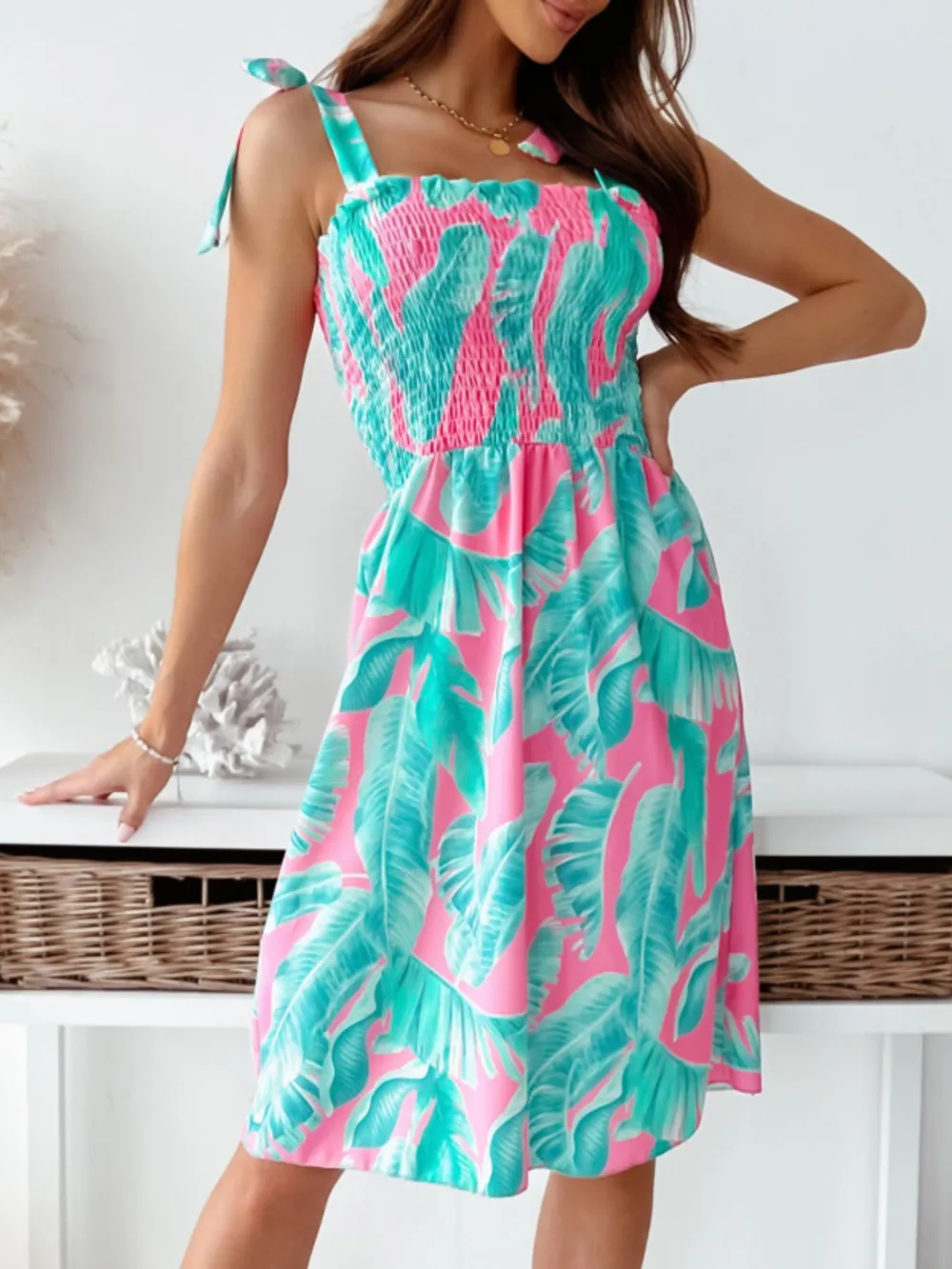 Floral Smocked Bodice Tie Shoulder Summer Dress, image 10