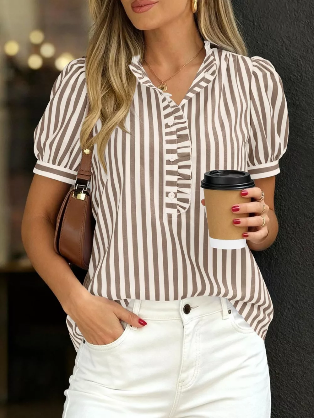Frill Striped Puff Sleeve Blouse, image 3