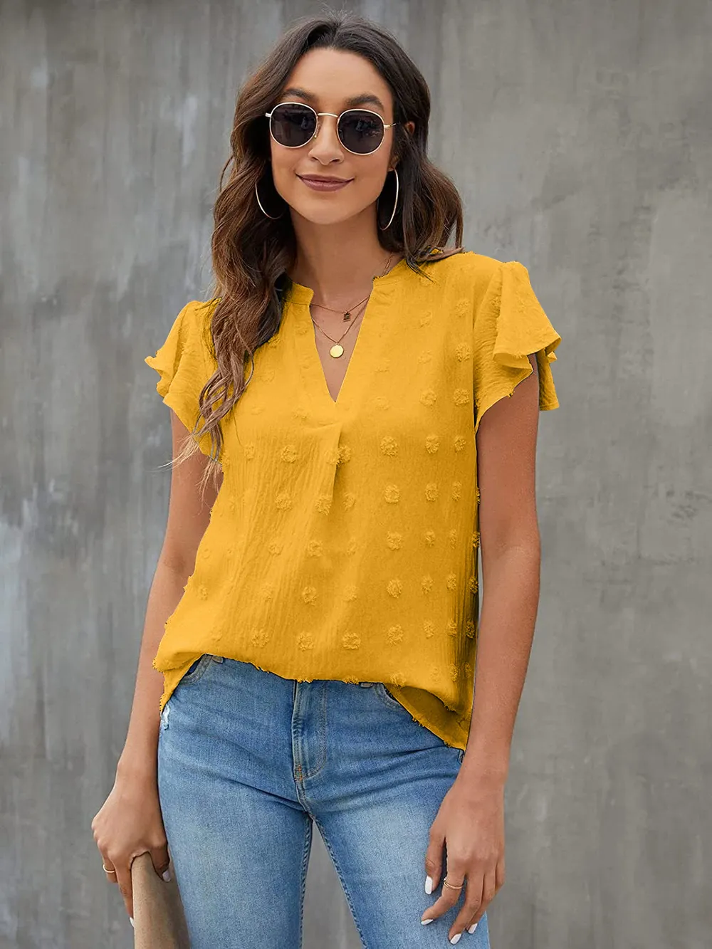 Swiss Dot Notched Flutter Sleeve Blouse, image 4