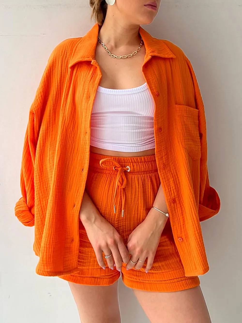 Texture Button Up Shirt and Drawstring Shorts Set, image 5