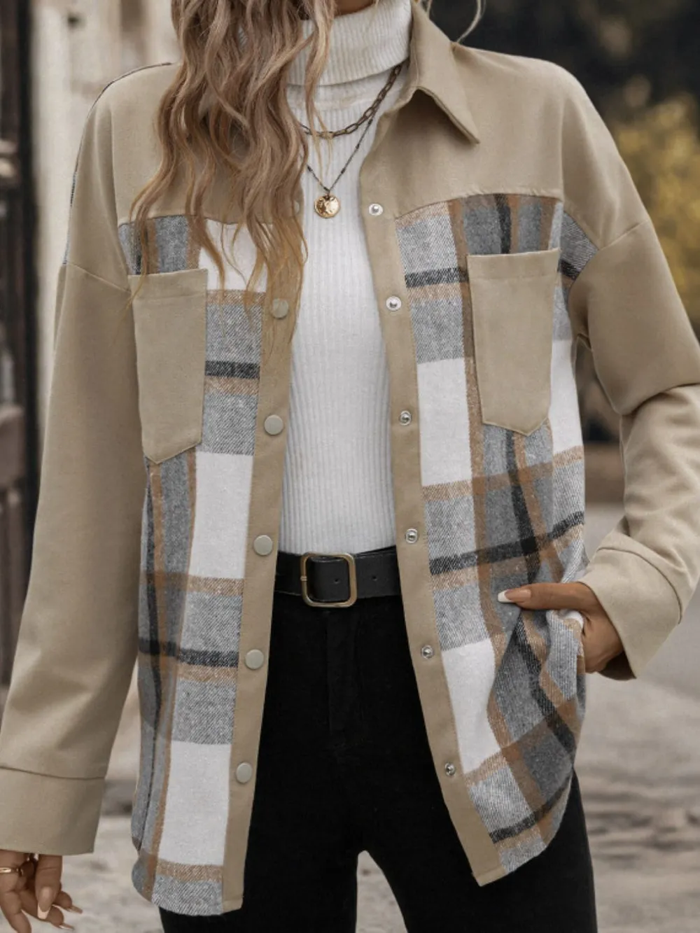 Plaid Snap Down Long Sleeve Shacket, image 2