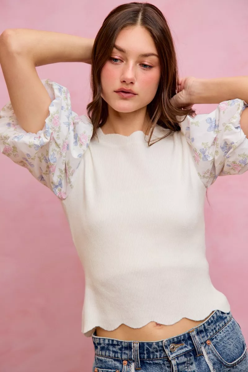 Floral Cotton Contrast Sleeves Scallop Sweater Top, image 15