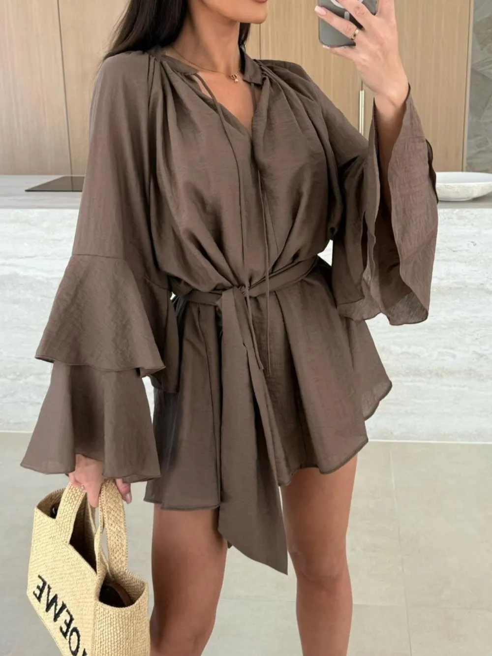 Bell Sleeve Tie Waist Mini Shirt Dress, image 4