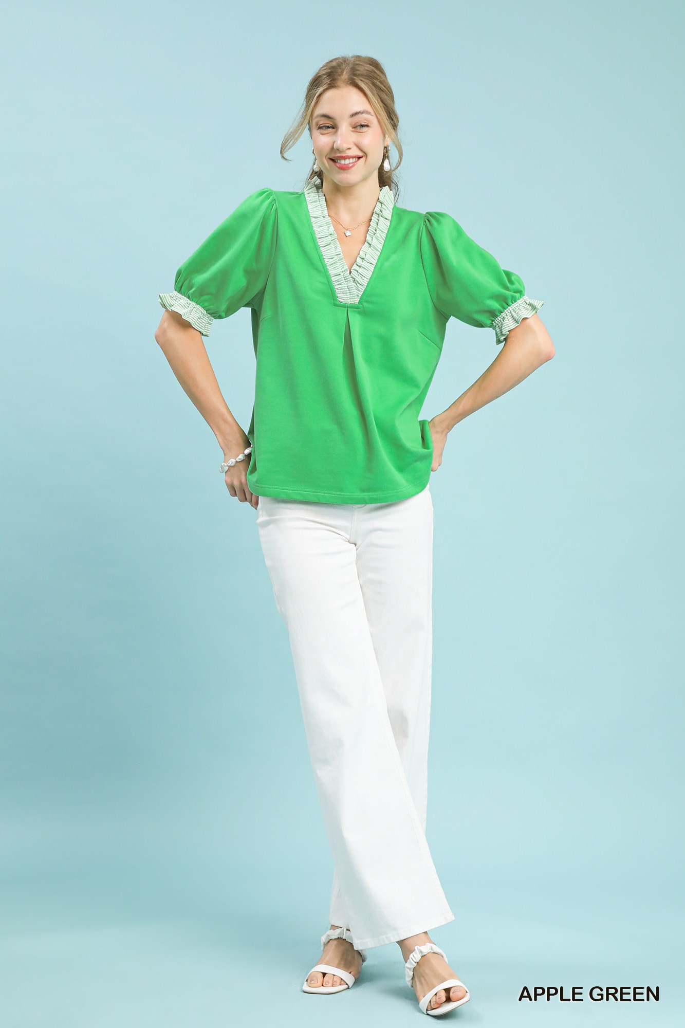 French Terry Ruffle Trim Puff Sleeve Top, image 2