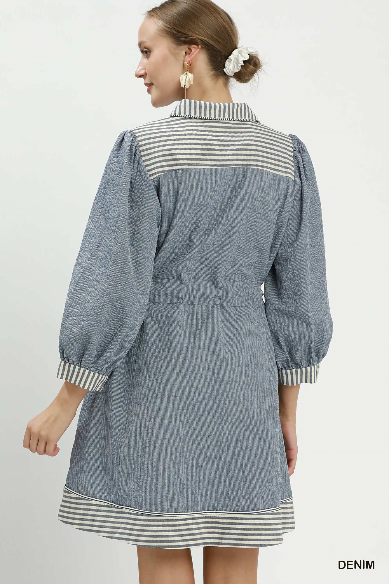 Striped Contrast Belted Puff Sleeve Mini Dress, image 4