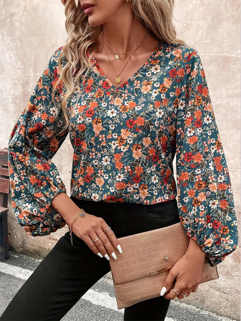 Printed V-Neck Balloon Sleeve Blouse, image 2