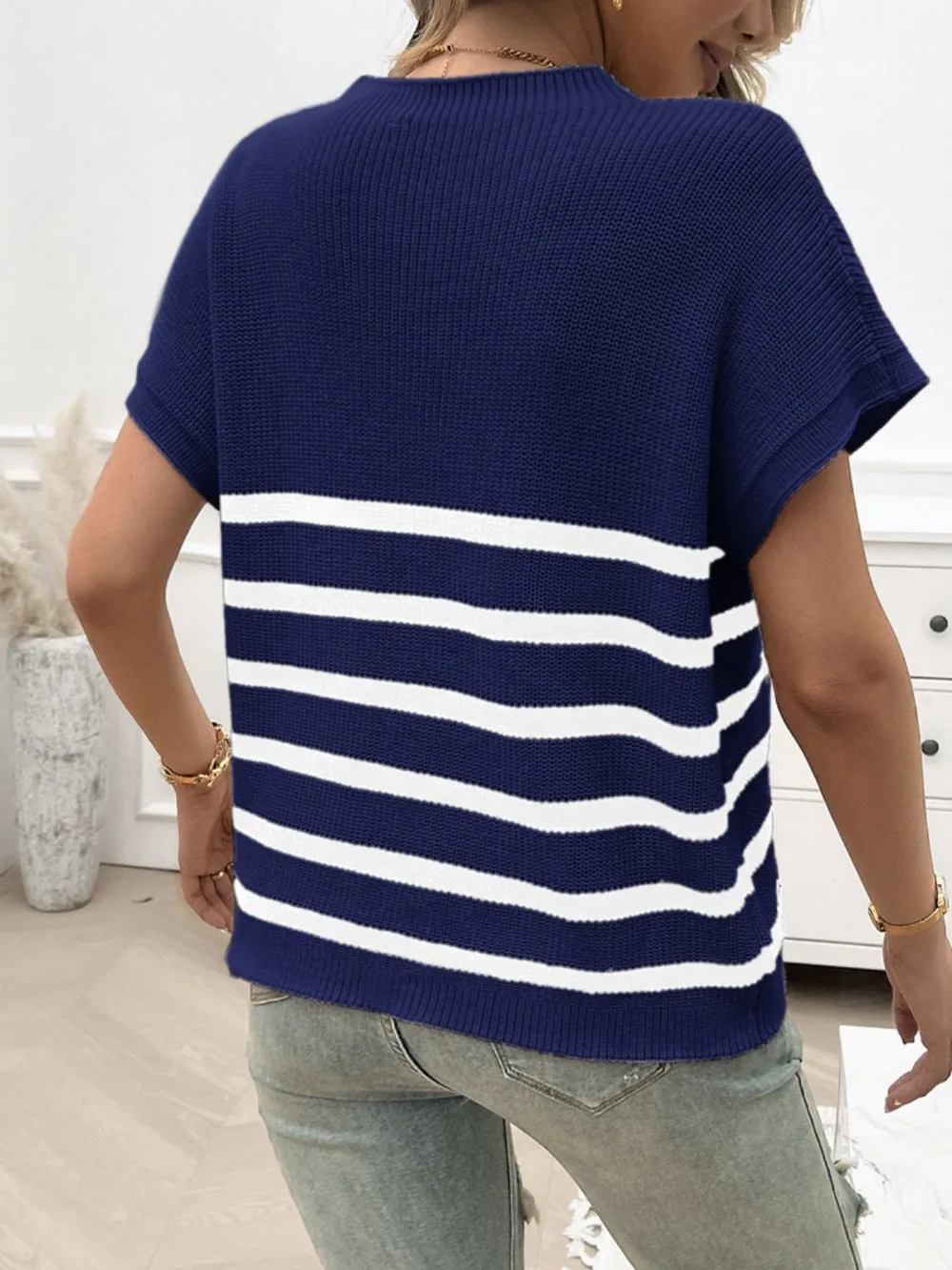 Striped Round Neck Short Sleeve Sweater, image 9