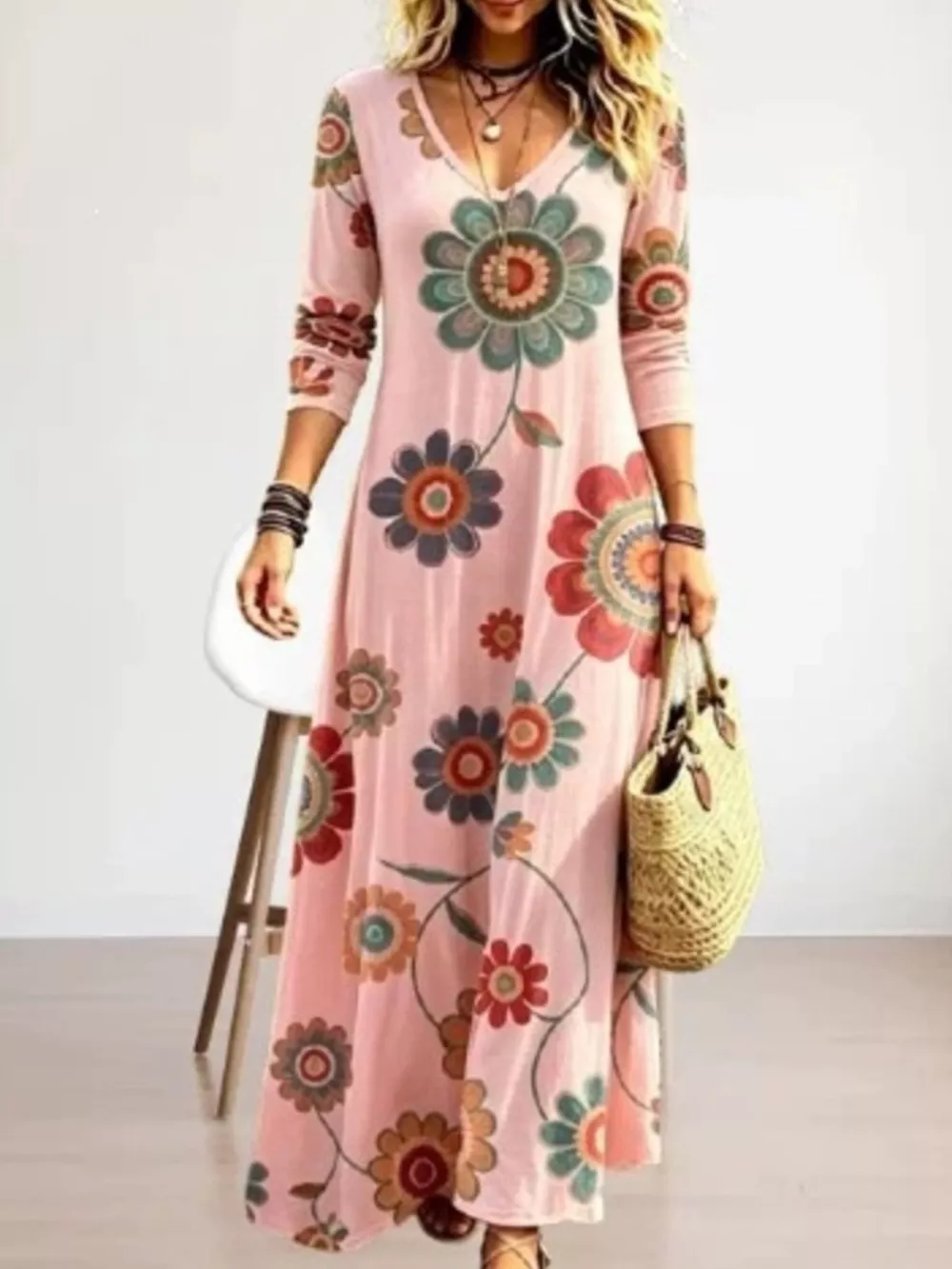 Floral Print V-Neck Long Sleeve Maxi Dress, image 14