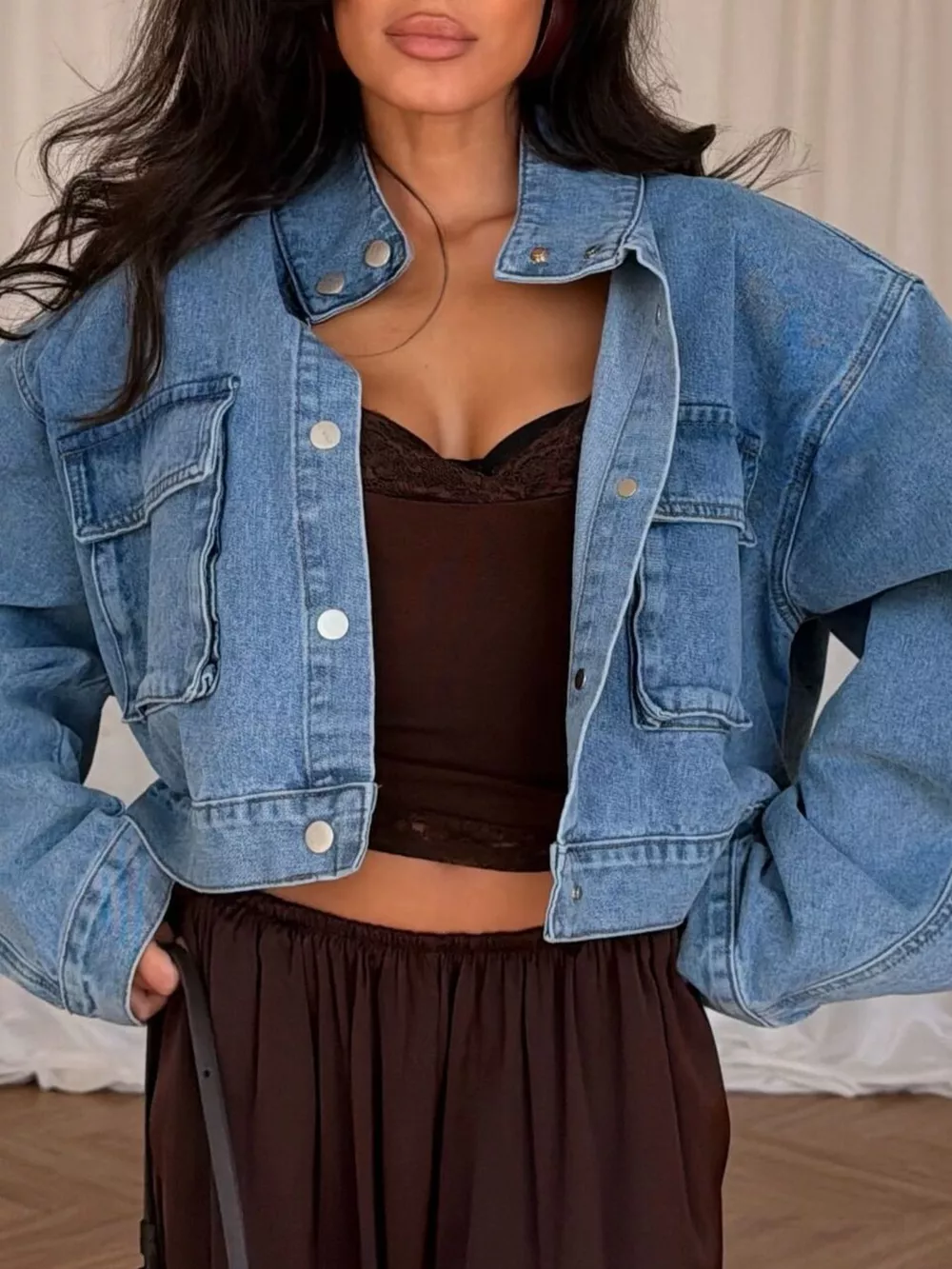 Oversized Utility Cropped Denim Jacket, image 2