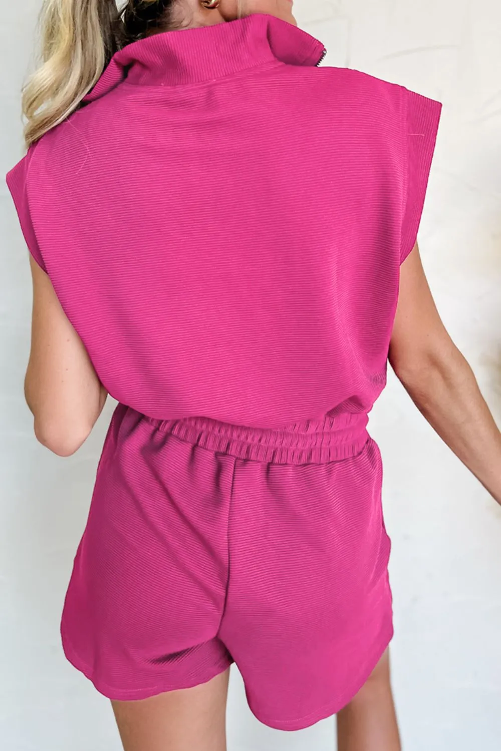 Textured Short Sleeve Half Zip Drawstring Waist Romper, image 2