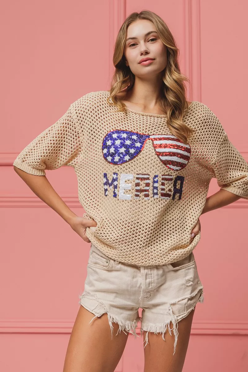 Sequin American Flag Sunglasses Knit Cover Up, image 4