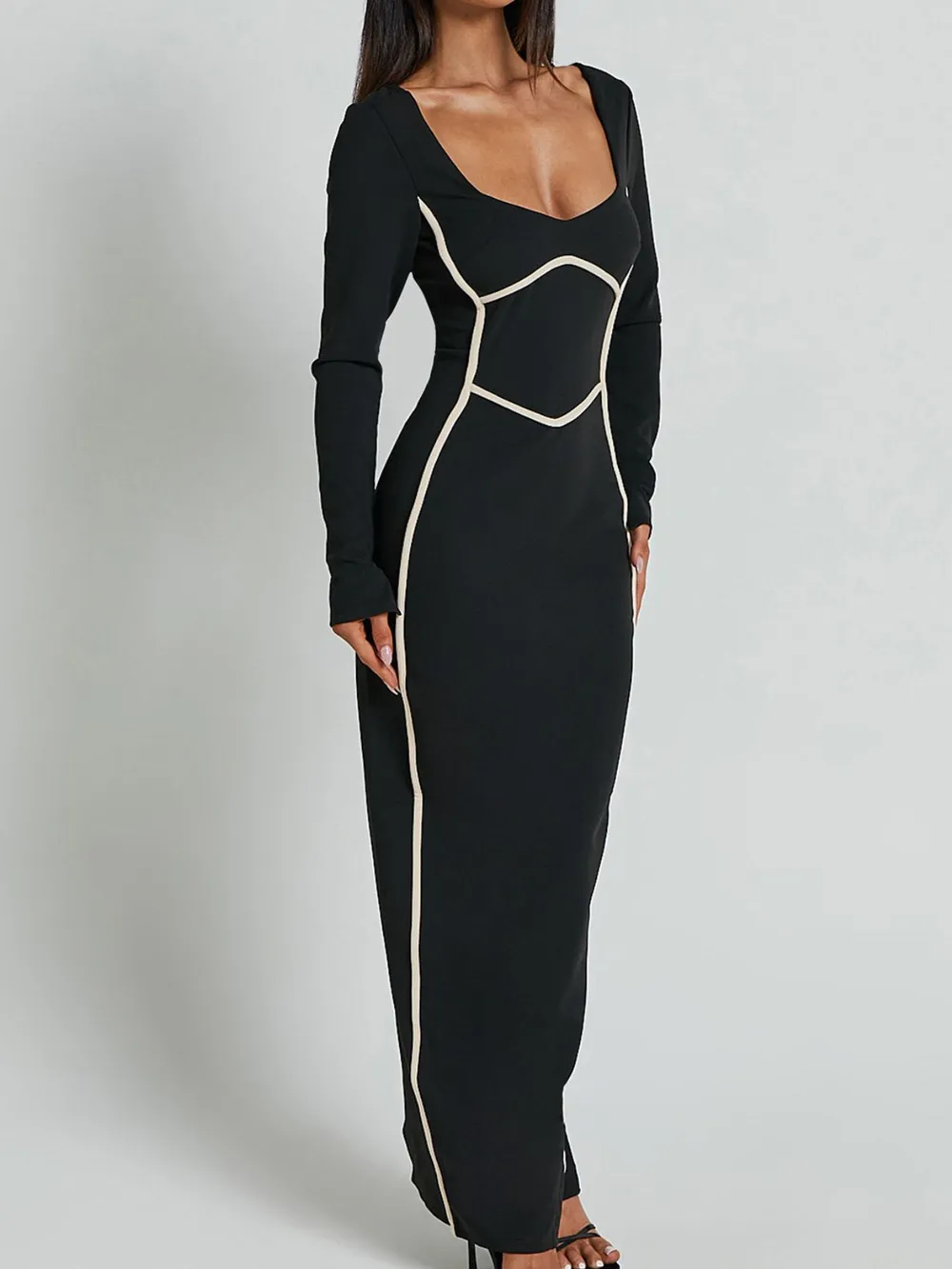 Contrast Trim Long Sleeve Bodycon Maxi Dress, image 3