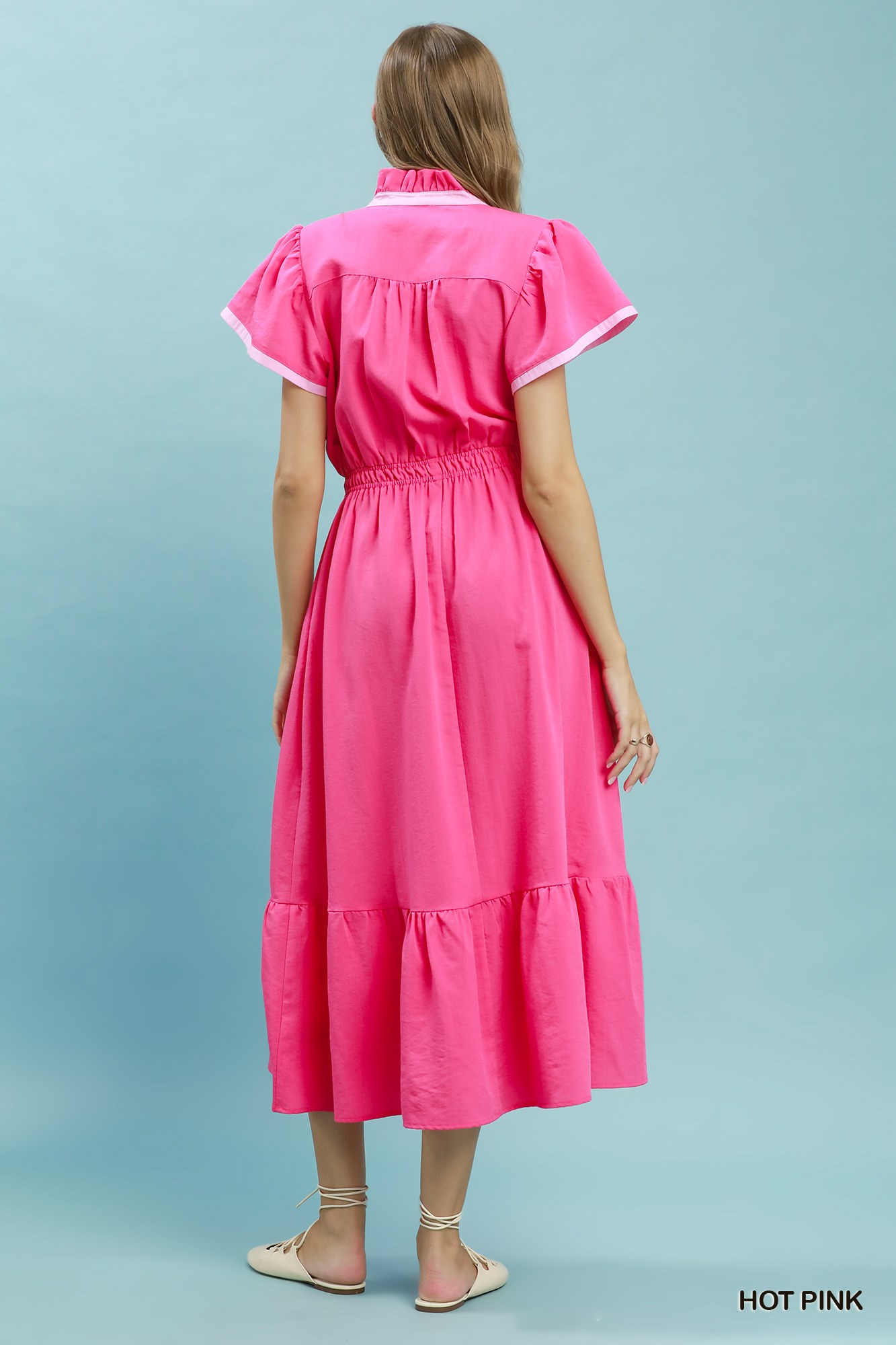 Contrast Trim Midi Dress with Tiered Ruffle Hem, image 3