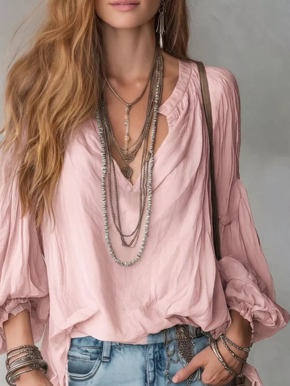 Notched Balloon Sleeve Blouse, image 8