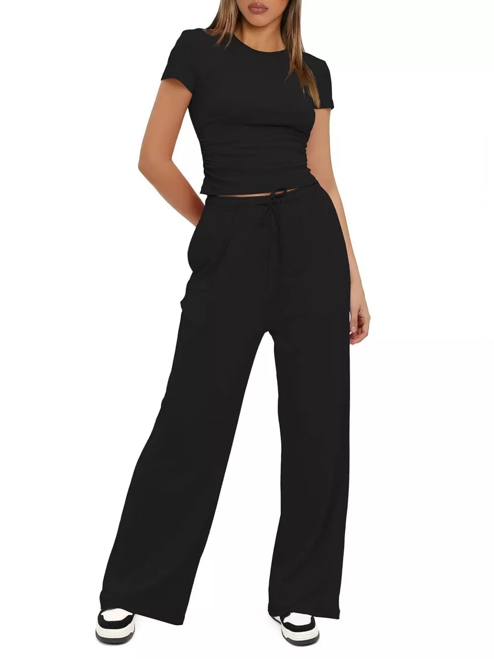 Round Neck Short Sleeve Top and Pants Set, image 5