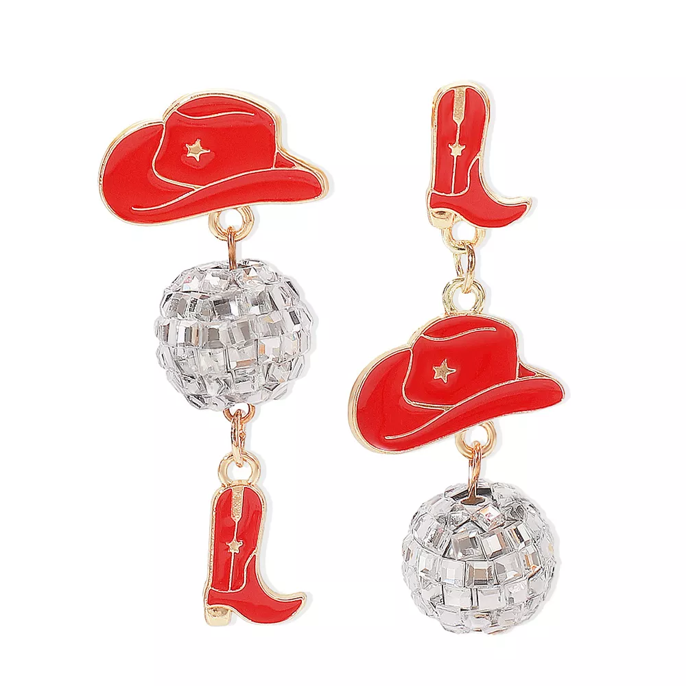 Asymmetrical Cowgirl Boot Hat Ball Dangle Earrings, image 2