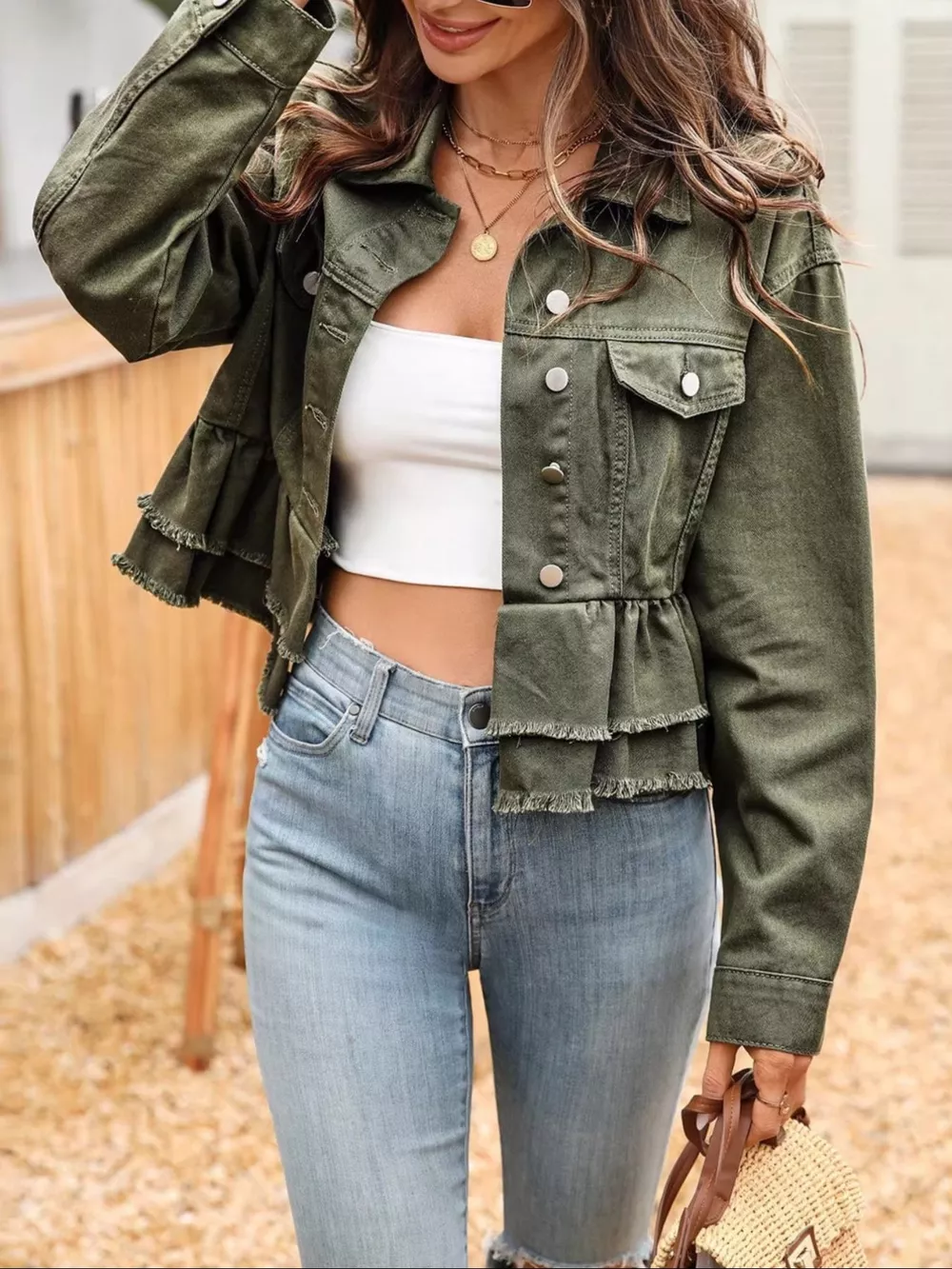 Ruffle Raw Hem Denim Jacket, image 3