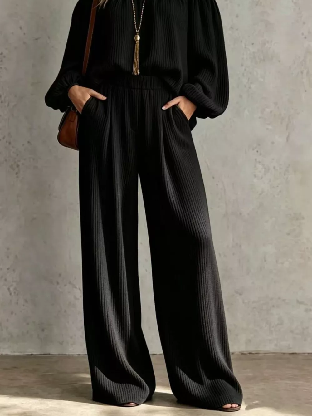 Off-Shoulder Crisscross Cutout Ribbed Knit Top and Wide-Leg Pants Set, image 9