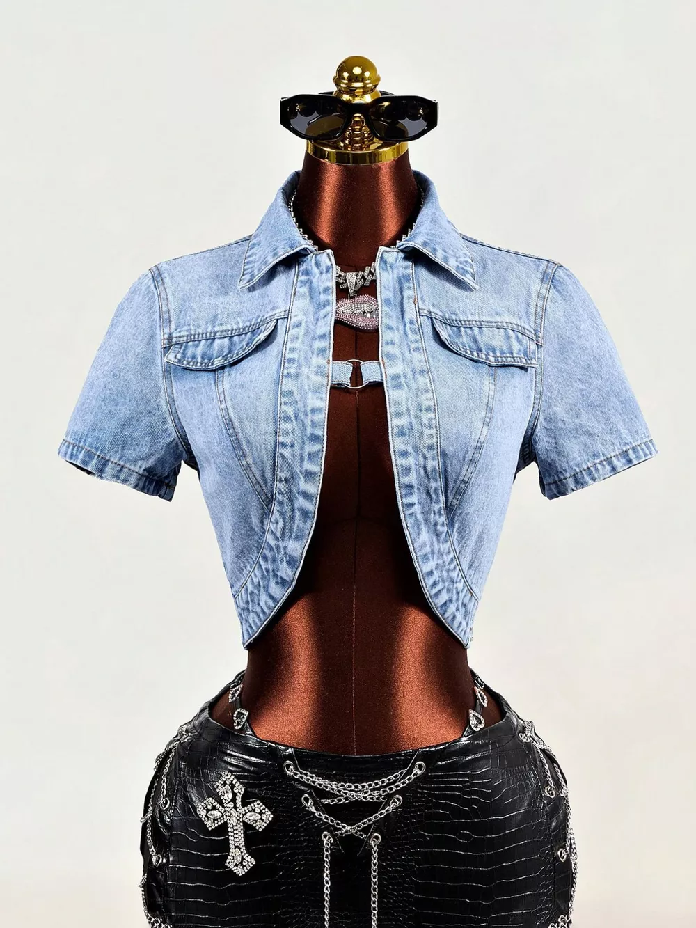 Vintage Wash Cropped Short Sleeve Denim Top, image 4