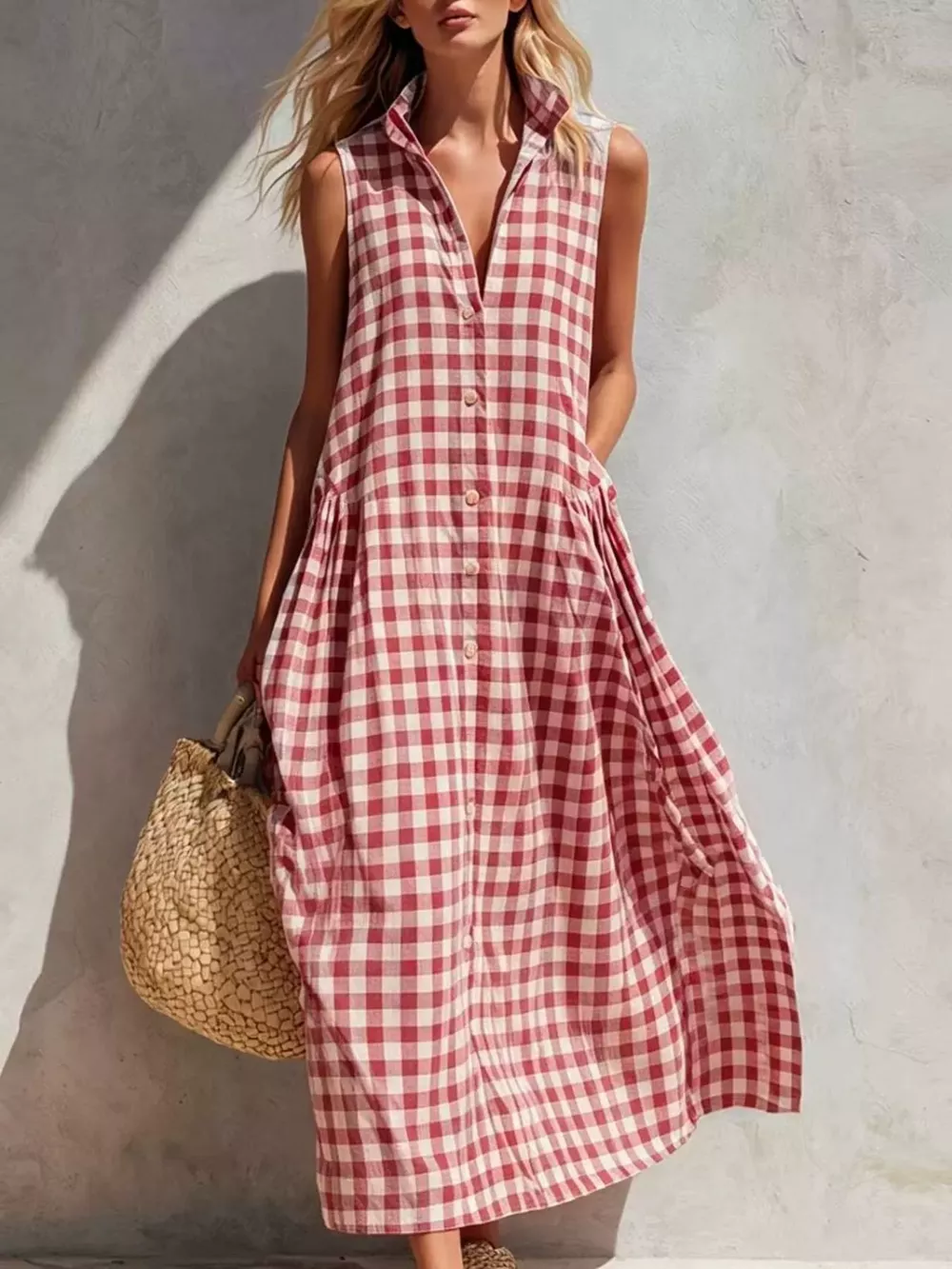 Full Size Sleeveless Gingham Button-Down Midi Dress Plus Size, image 3