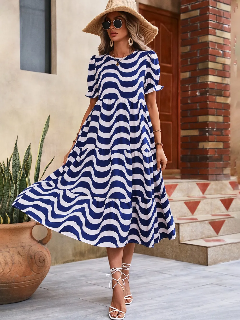 Wavy Striped Round Neck Short Sleeve Dress, image 2