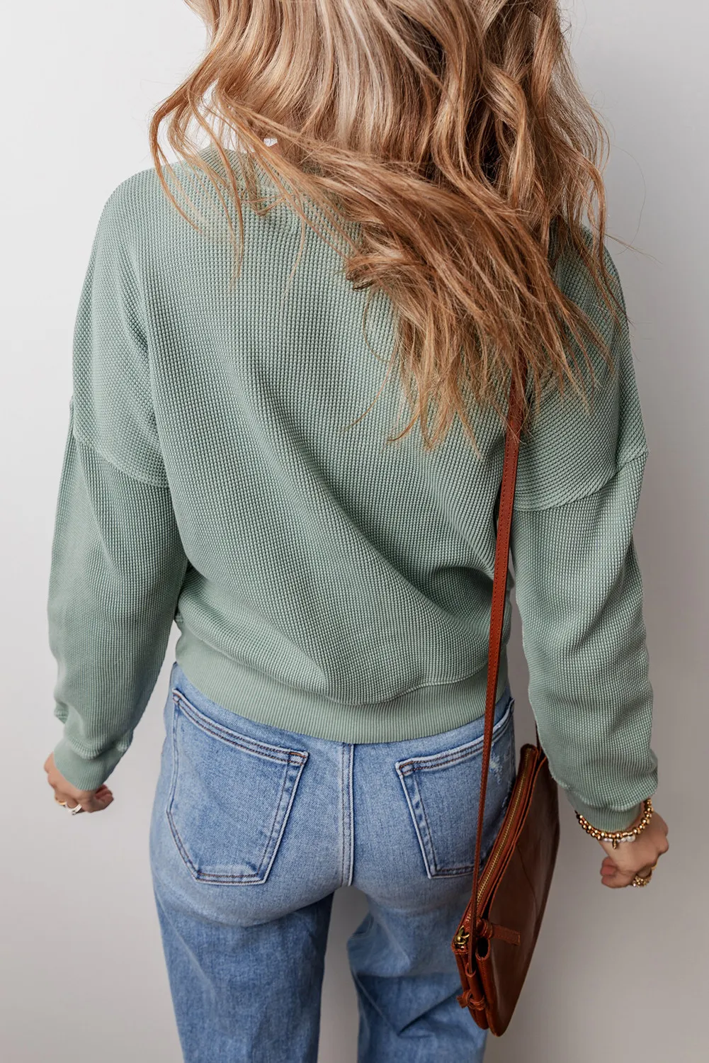 Waffle-Knit Long Sleeve Dropped Shoulder Top, image 3