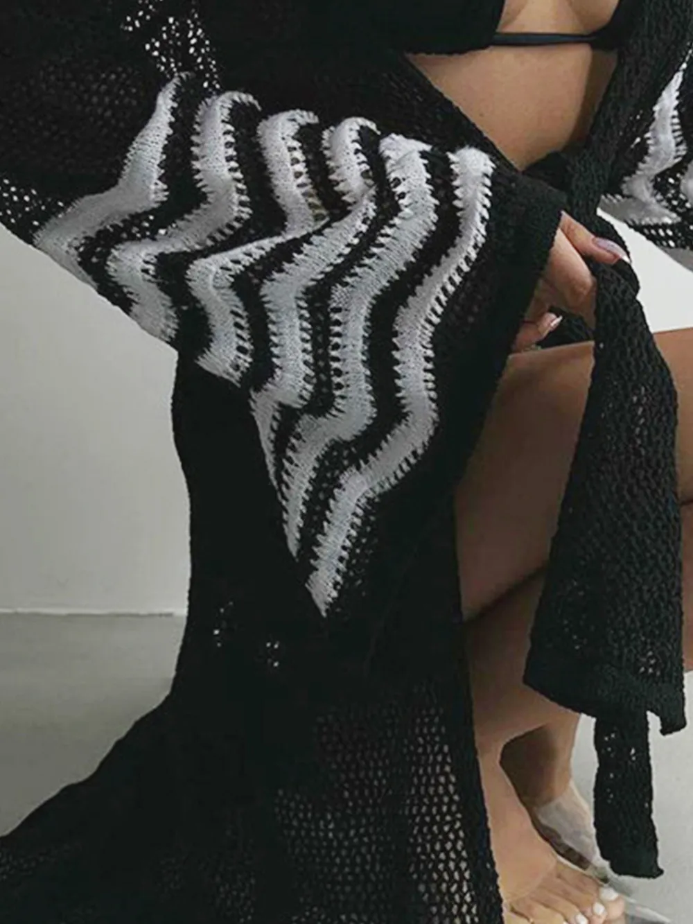 Openwork Striped Flare Sleeve Cover-Up, image 3