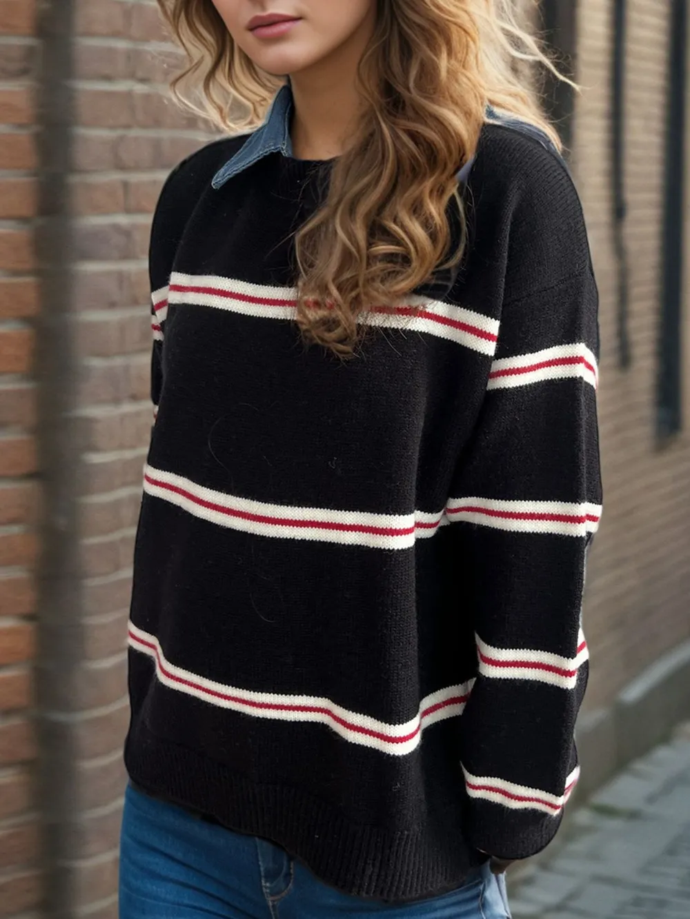 Contrast Stripes Round Neck Long Sleeve Sweater, image 6