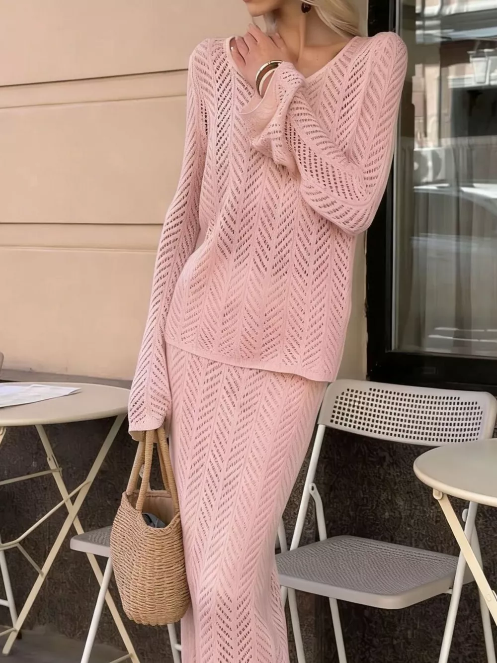 Openwork Long Sleeve Knit Top and Skirt Set, image 3