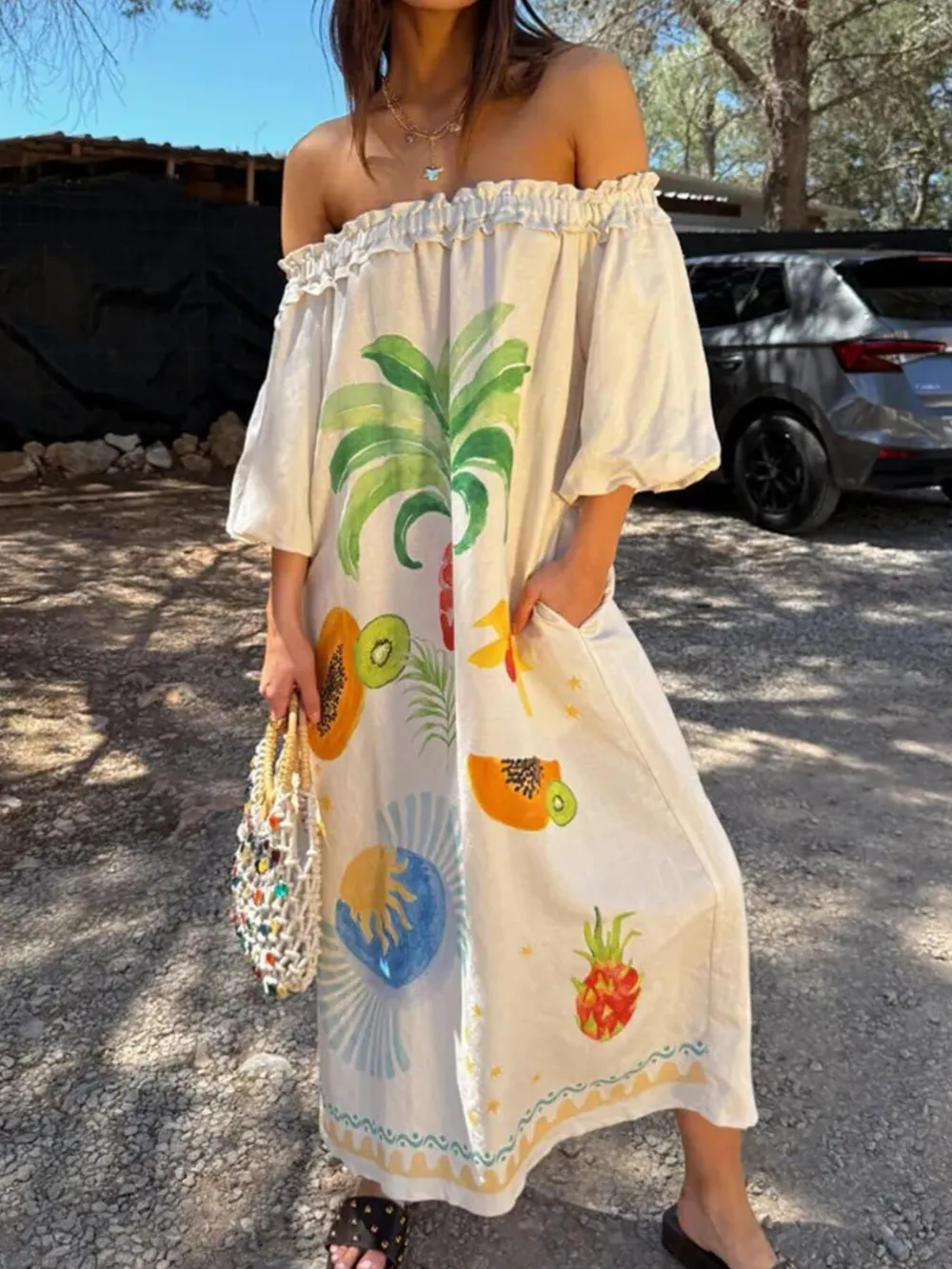 Frill Printed Off-Shoulder Dress, image 2
