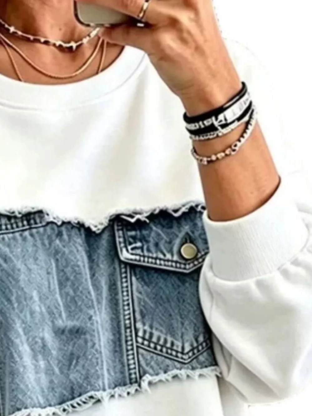 Full Size Denim Patchwork Dropped Shoulder Sweatshirt Plus Size, image 10