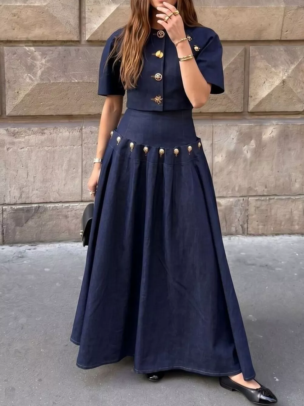Gold Button Top and Skirt Denim Set