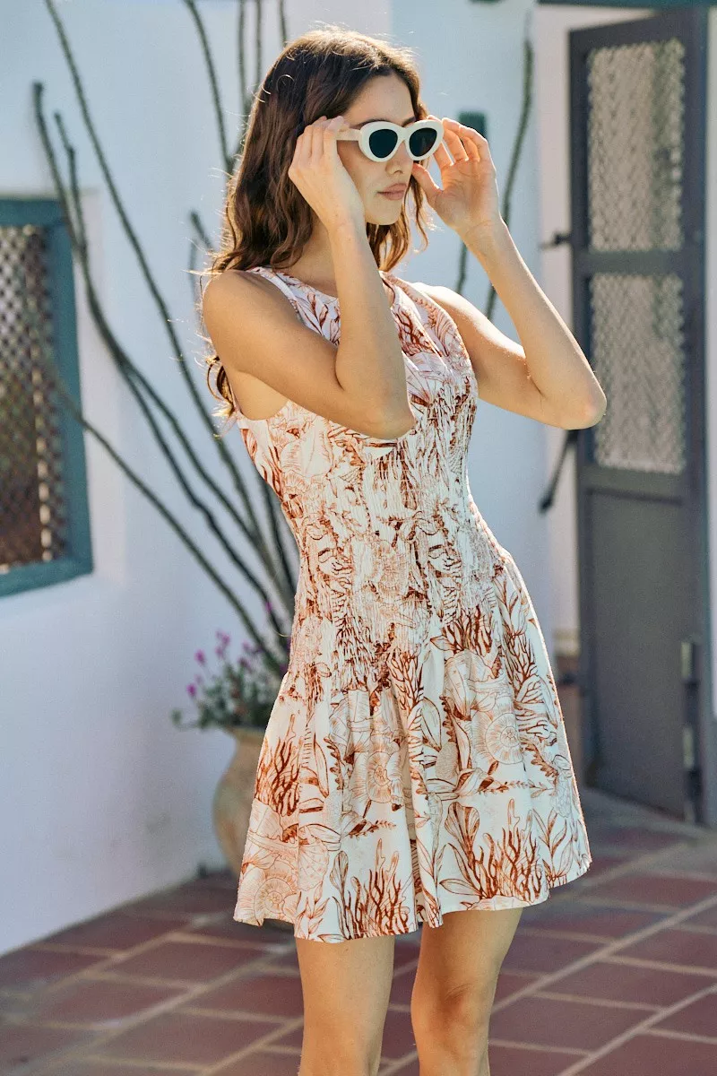 Shell Print Smocked Fit And Flare Mini Lined Dress, image 12