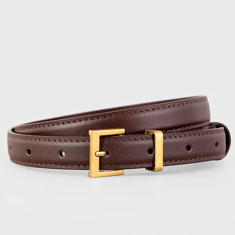 Leather Skinny Belt with Golden Buckle, image 3