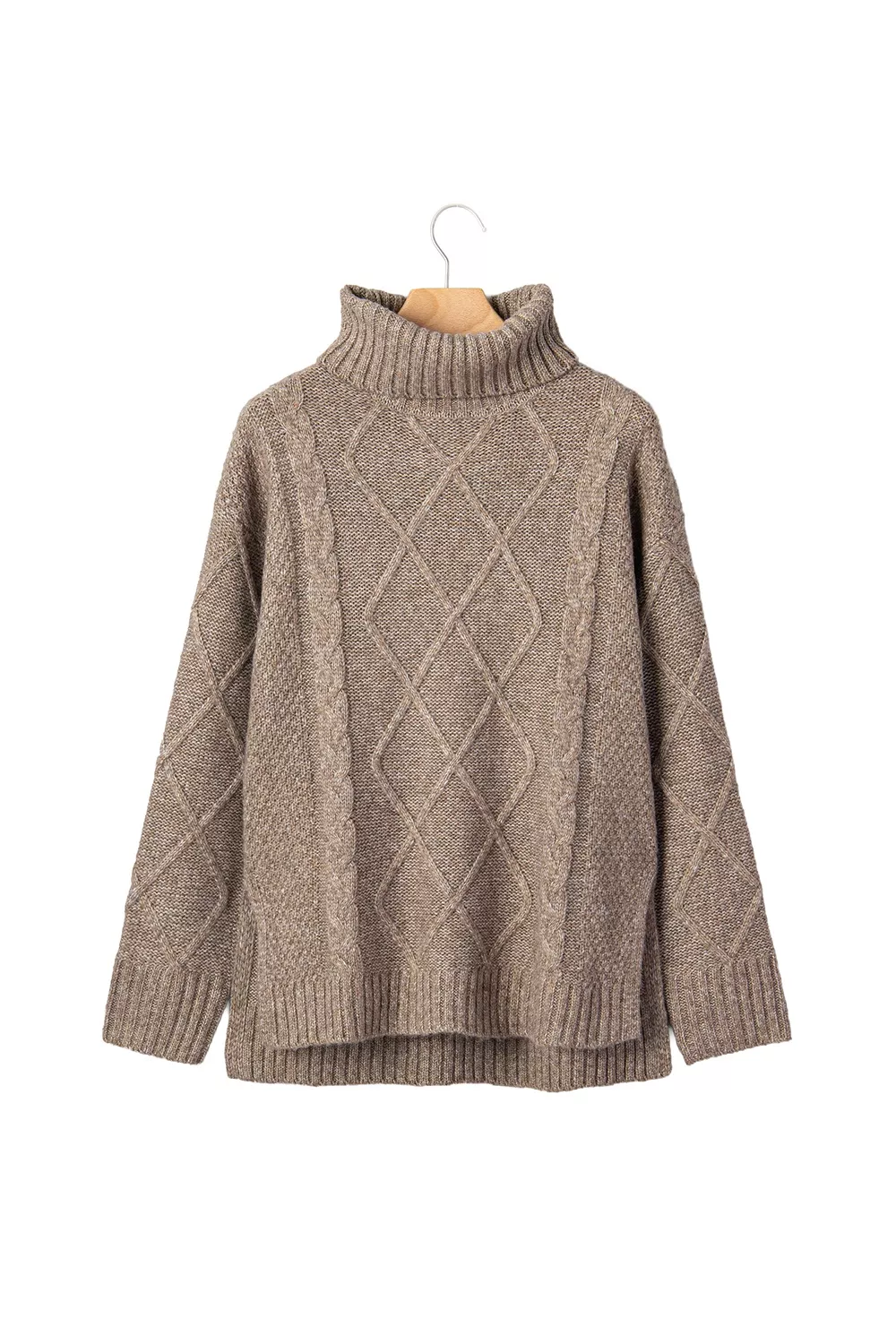 High Neck Drop Shoulder Cable Knit Regular Length Sweater
