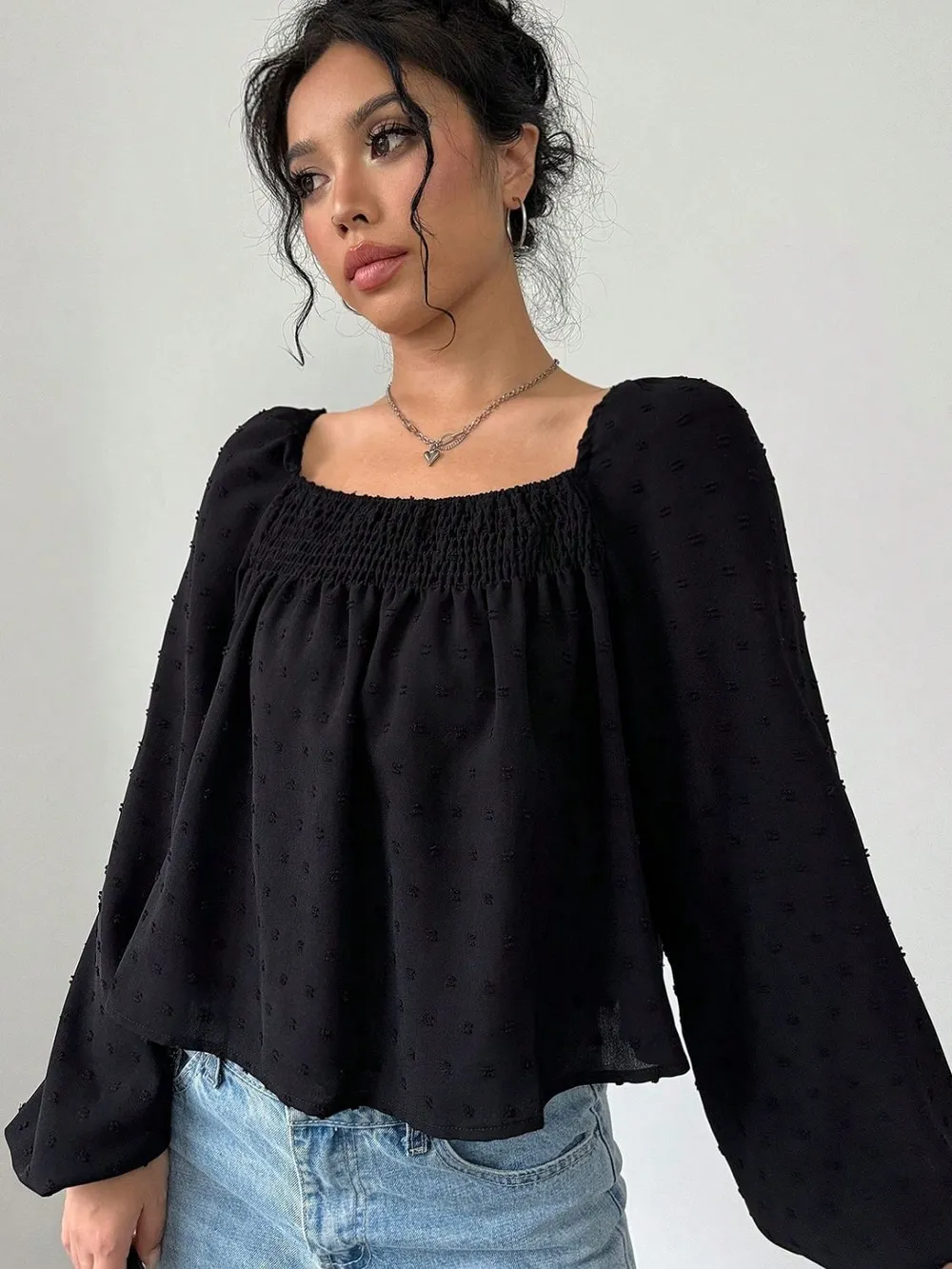 Swiss Dot Square Neck Long Sleeve Blouse, image 3