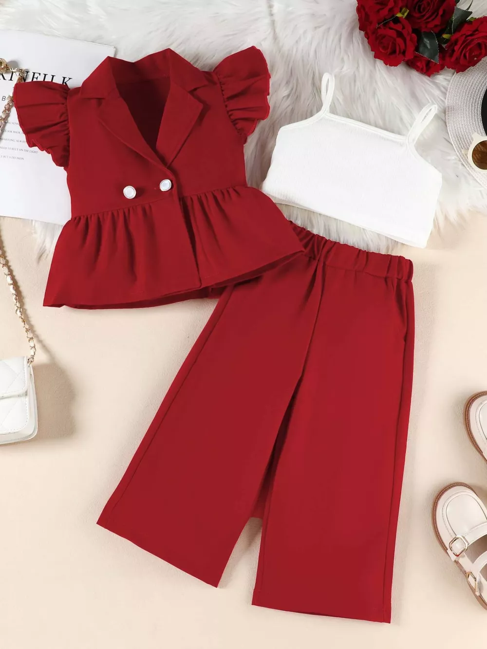 Children's Cami & Ruffle Sleeve Top & Wide Leg Pants Set, image 2