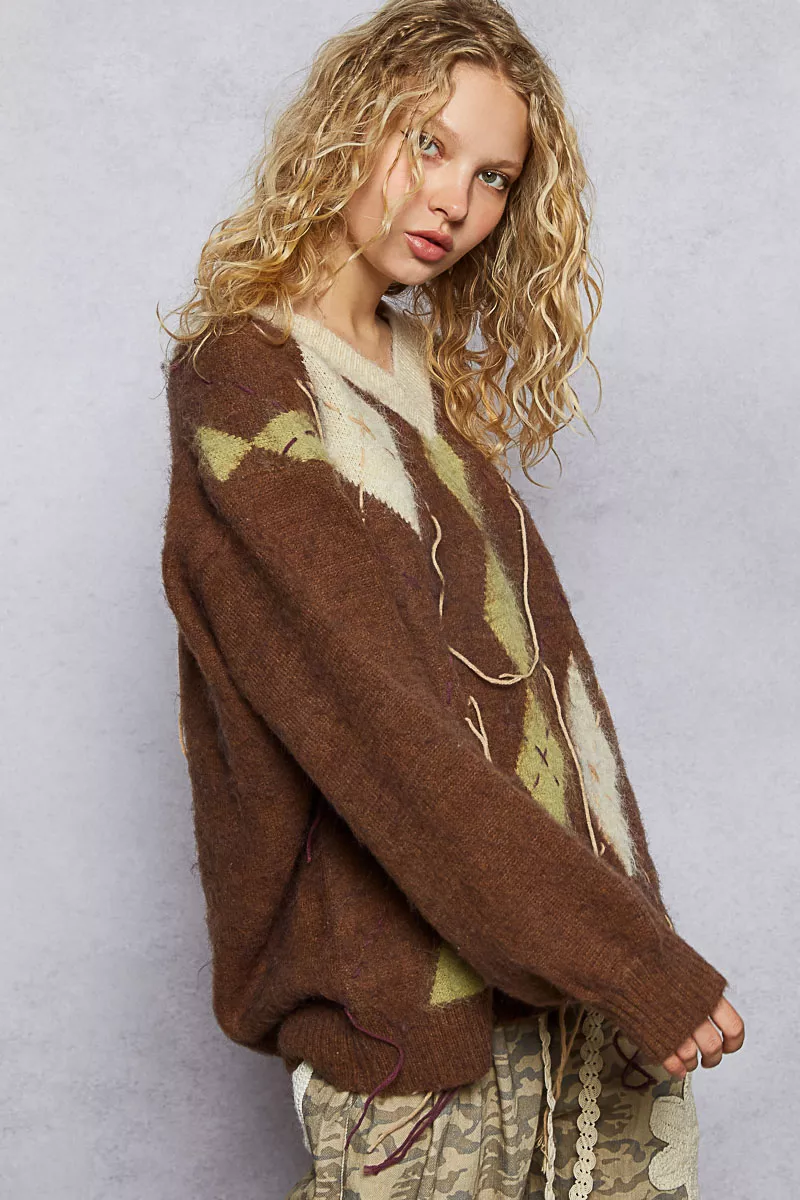 V-Neck Argyle Pattern Mohair Sweater with Contrast Exposed Stitch Detail, image 4
