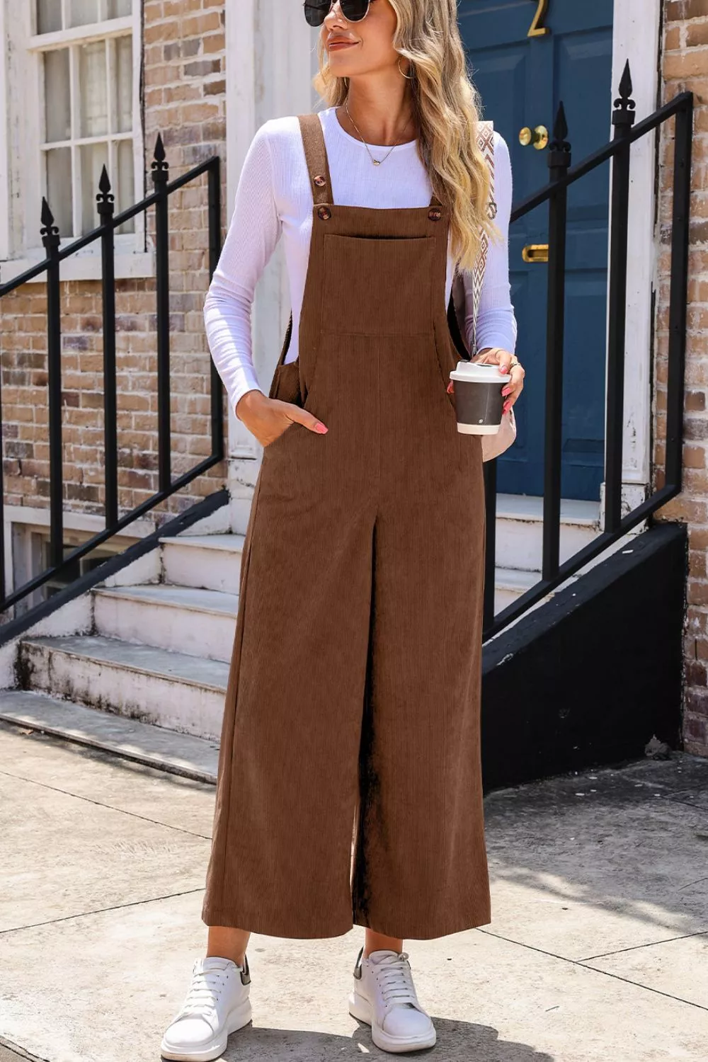 Corduroy Wide-Leg Overalls with Pockets