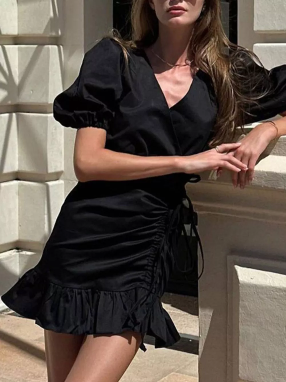 Ruffled Hem Ruched Puff Sleeve Mini Dress, image 8
