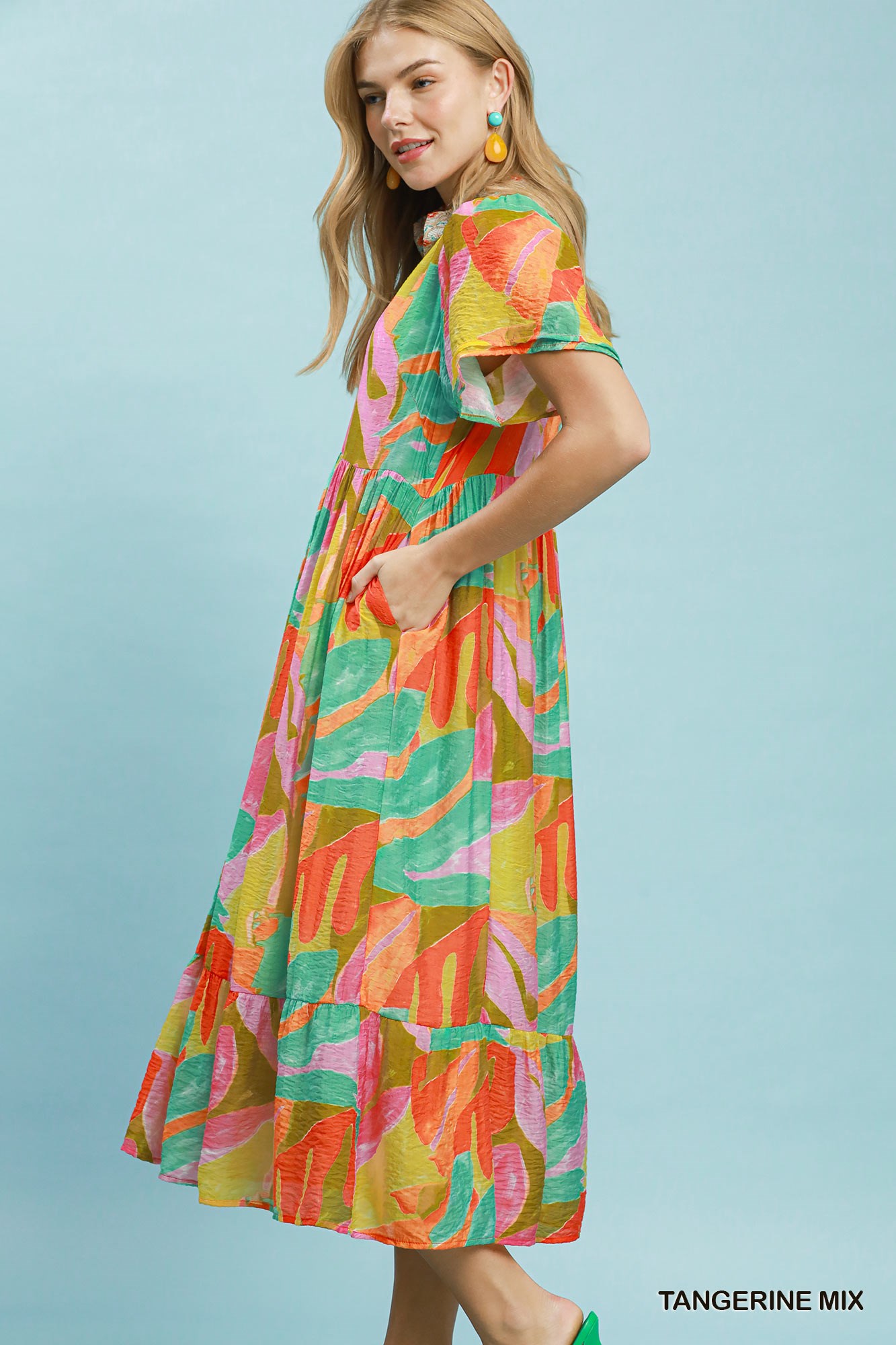 Abstract Tropical Print Tiered Midi Dress, image 2