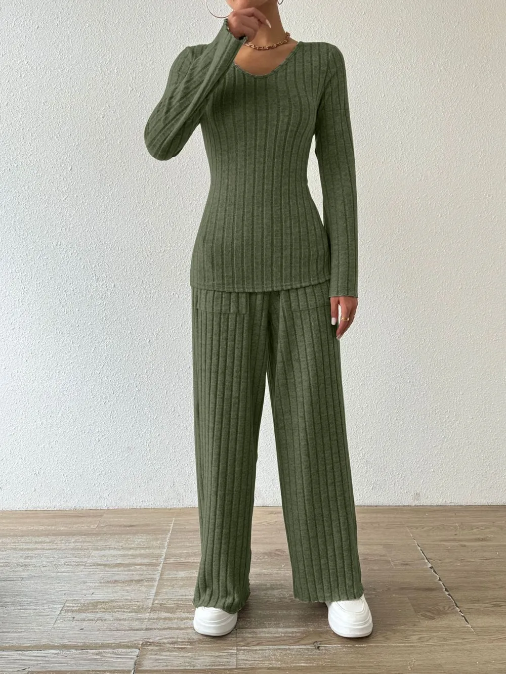Ribbed V-Neck Long Sleeve Top and Pocketed Pants Set, image 10