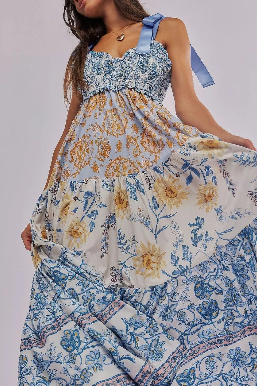 Floral Tiered Maxi Dress with Mixed Print Design, image 5