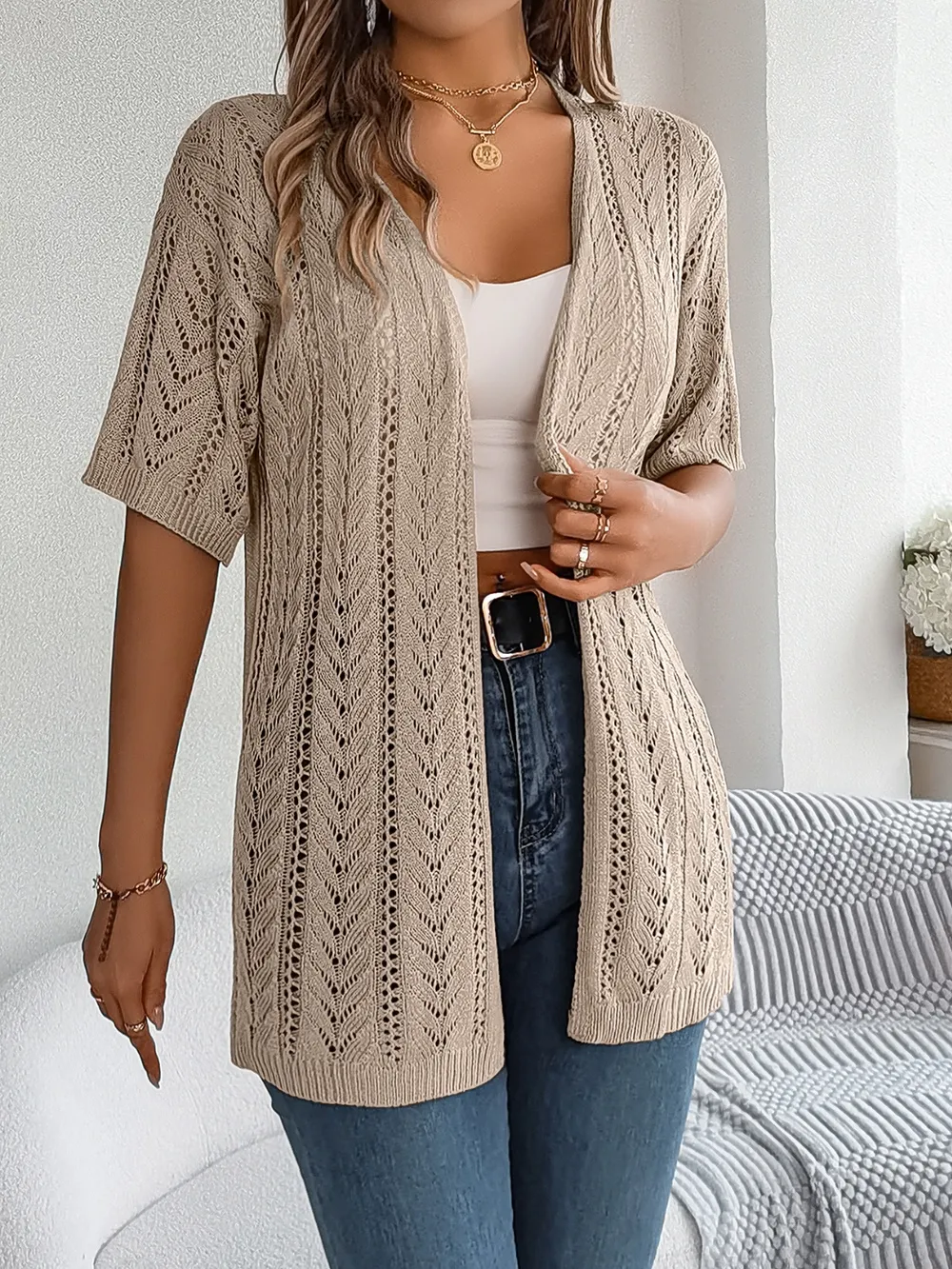 Openwork Open Front Half Sleeve Cardigan, image 7
