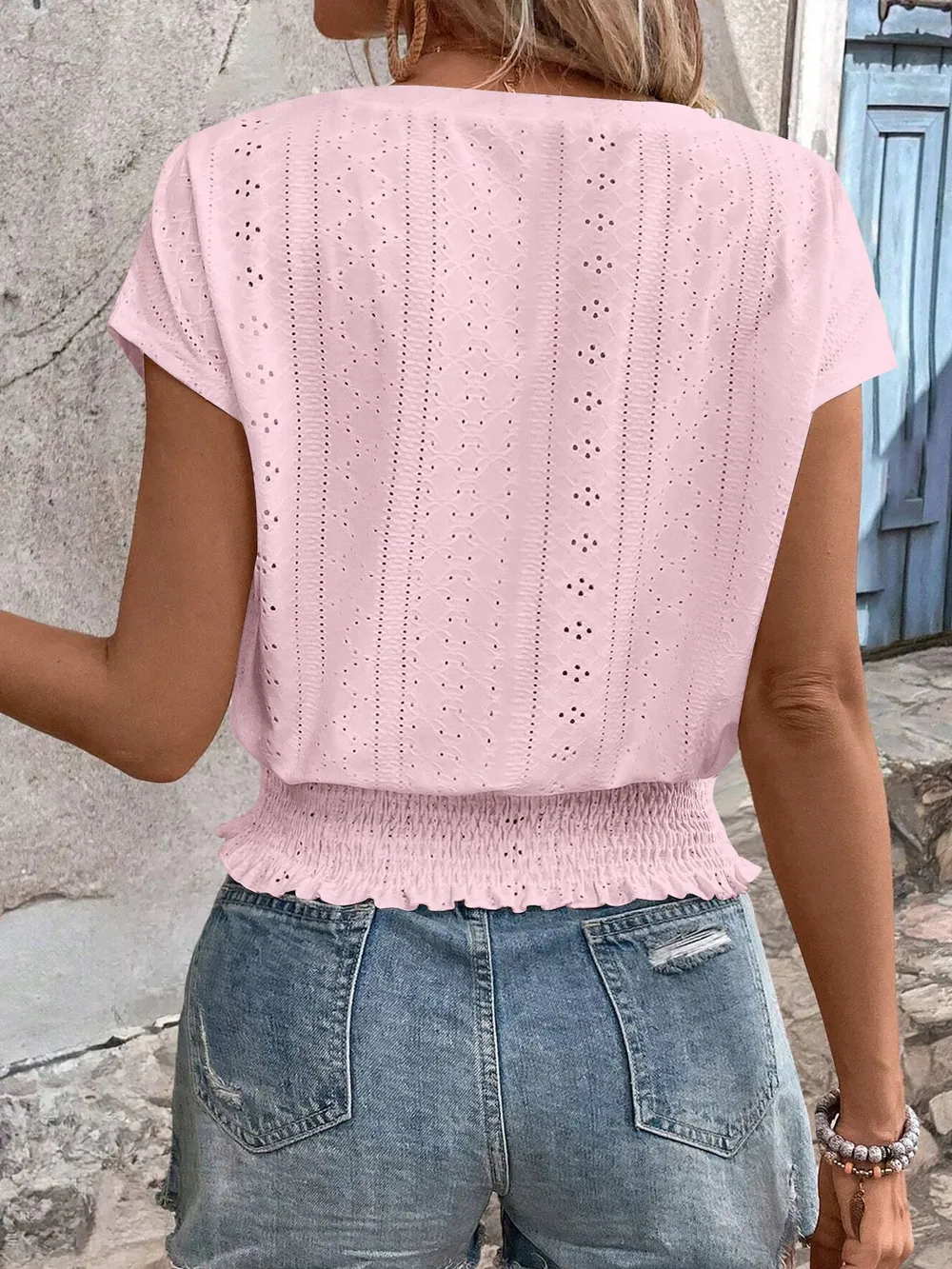 Eyelet V-Neck Short Sleeve Blouse, image 9