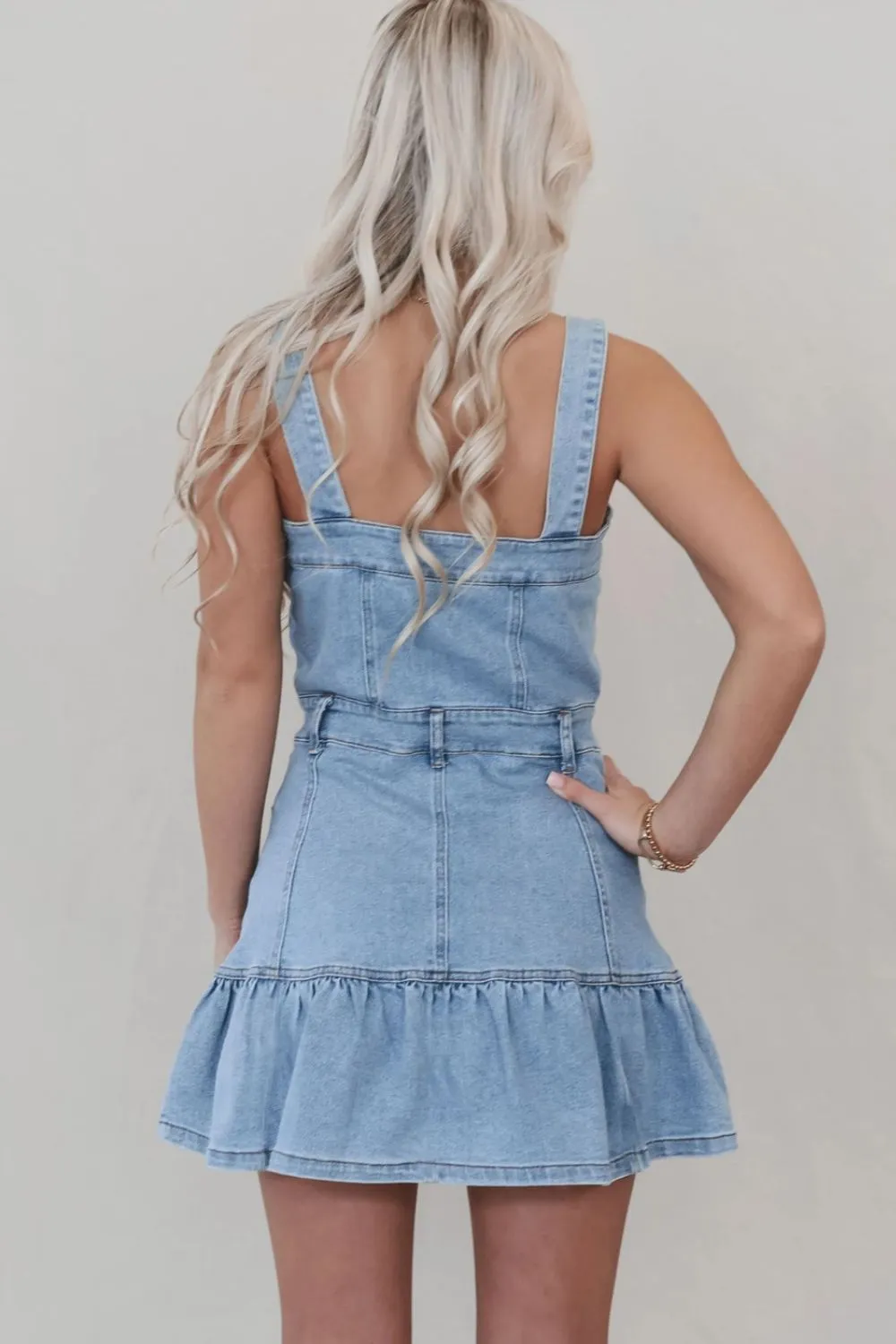 Ruffled Hem Button Front Square Neck Denim Dress, image 2