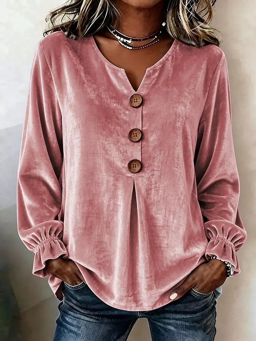 Full Size Velvet Button Decor Blouse with Ruffled Cuffs Plus Size