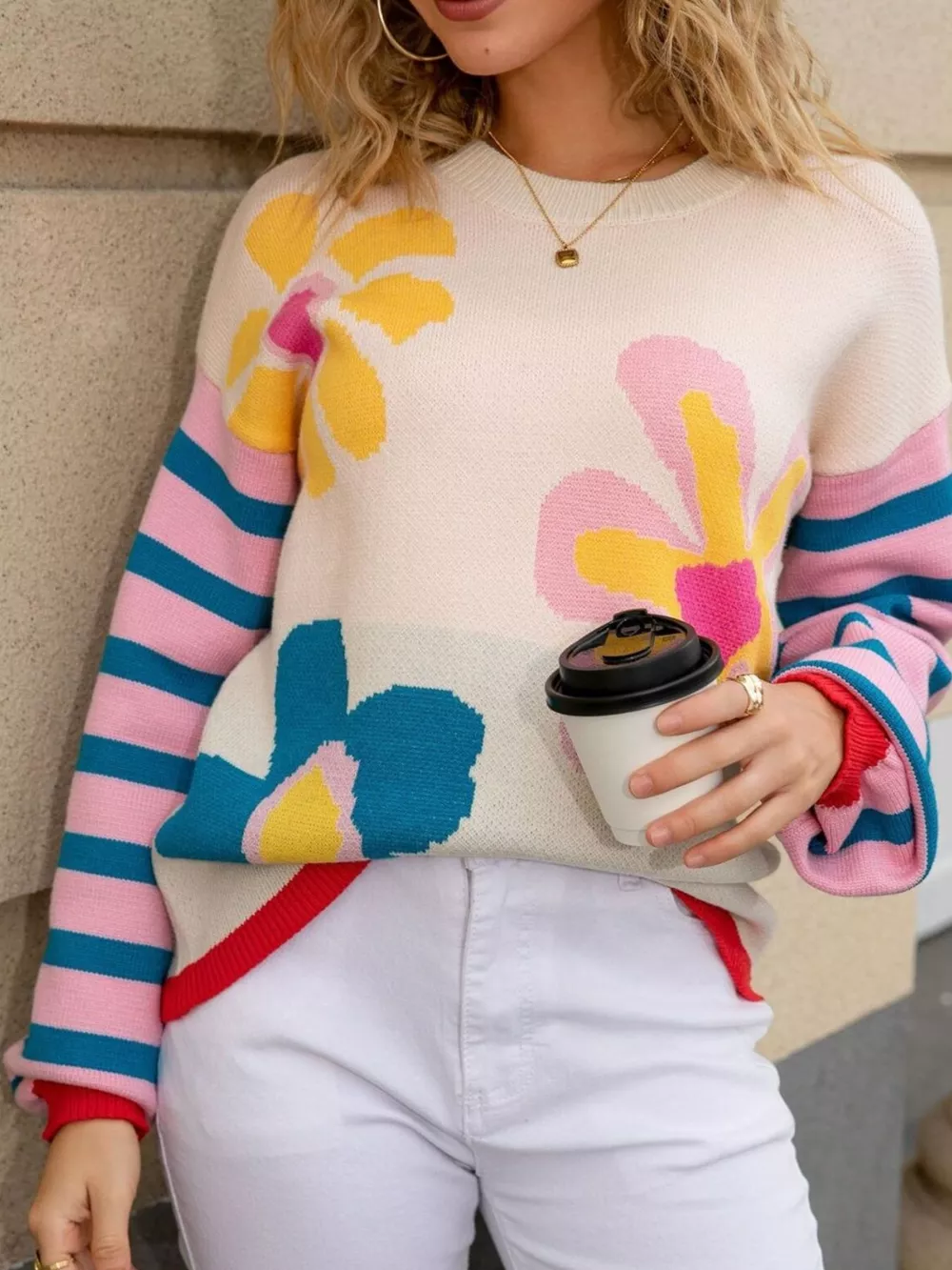 Floral Striped Crew Neck Sweater, image 2