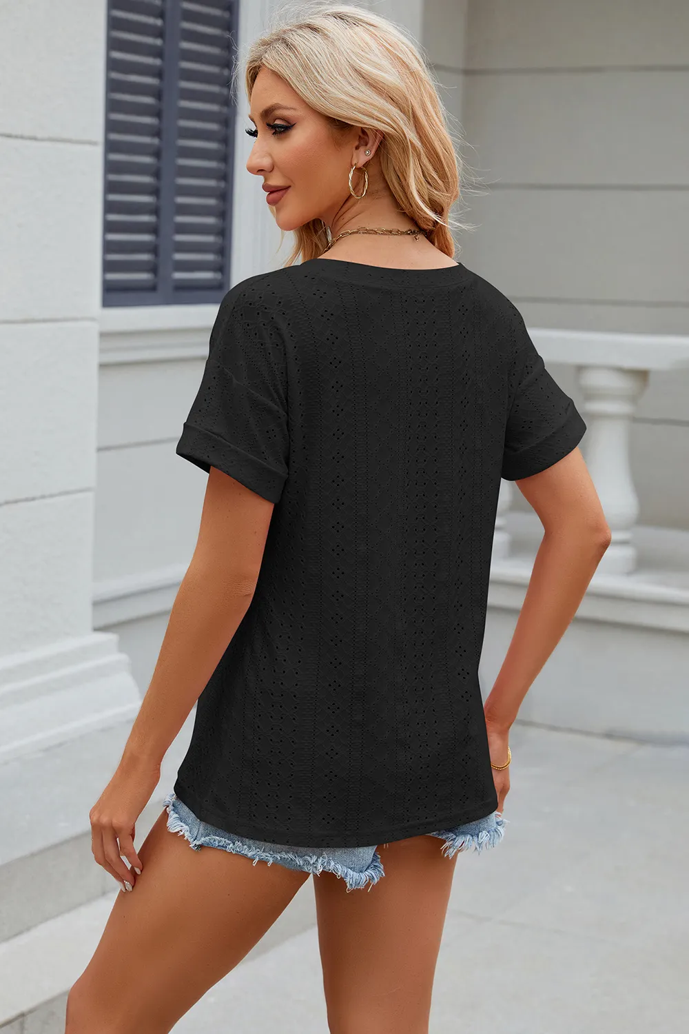 Eyelet V-Neck Short Sleeve T-Shirt, image 2