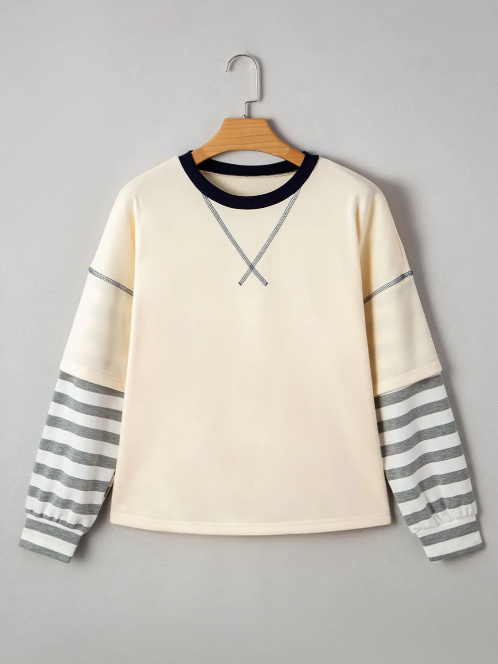 Striped Patchwork Long Sleeve Round Neck Two-in-one Top, image 6